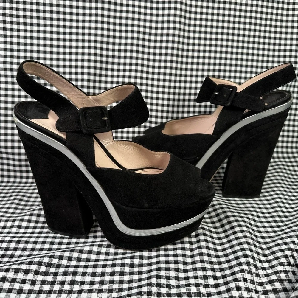 Miu Miu Black Silver Metallic 70s Disco Style Suede Platform Sandals EU 38 US 8